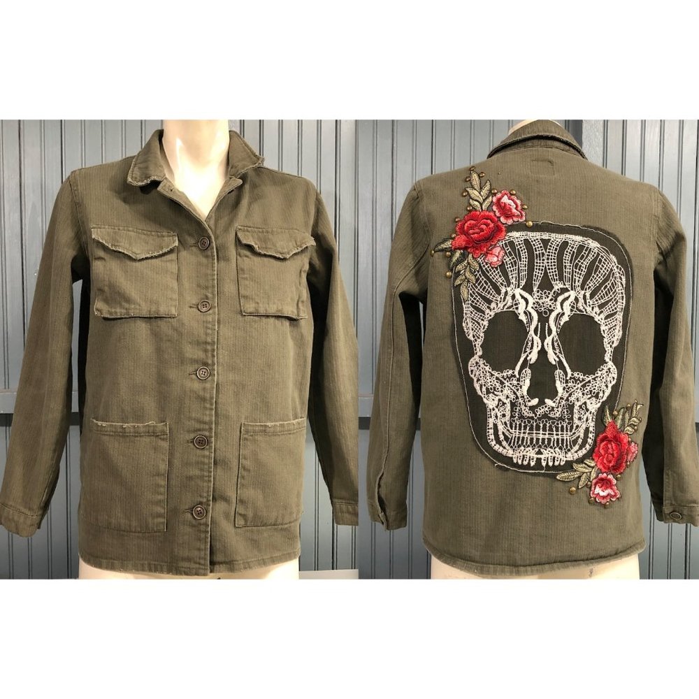 Boom Boom Jeans Day of the Dead Small Womens Shirt Jacket Green Cotton